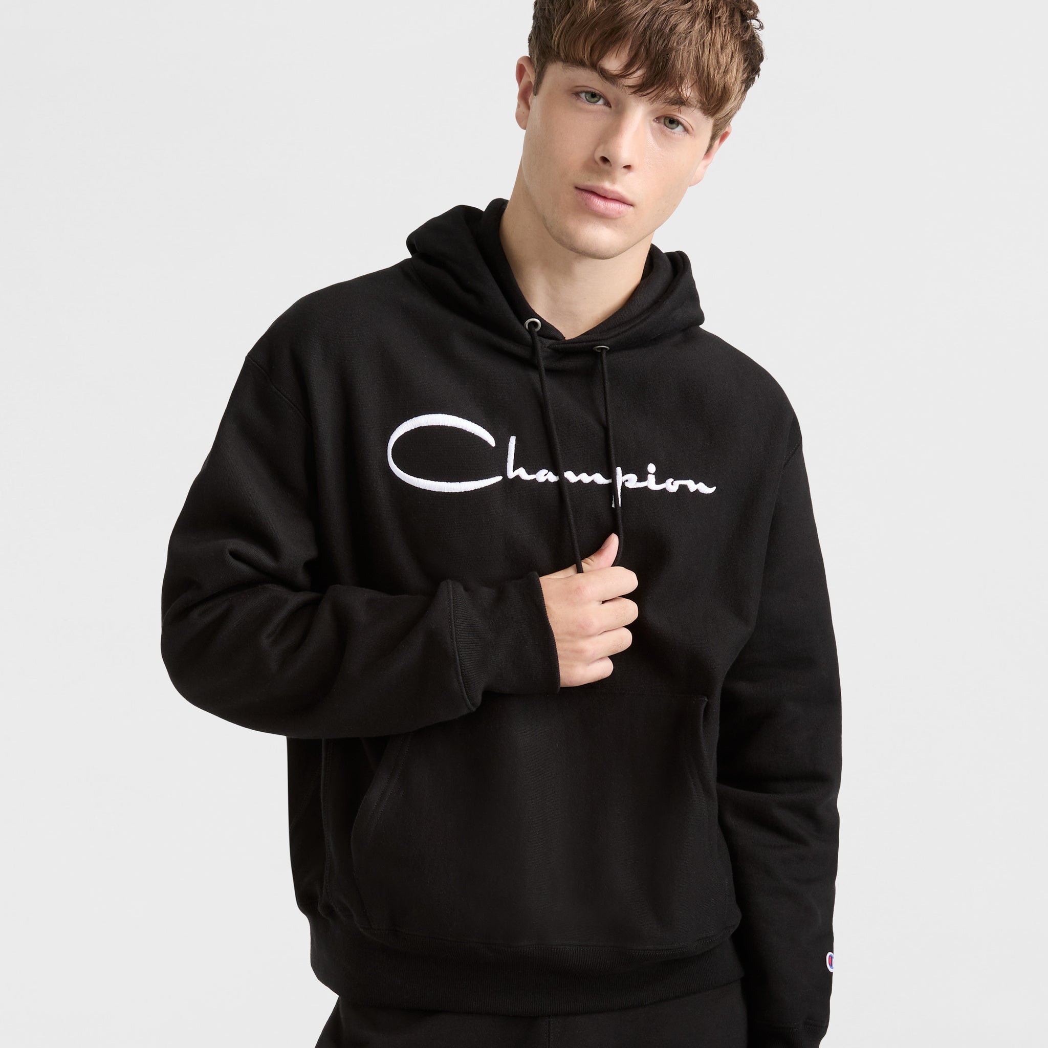 Reverse Weave Hoodie. White Vintage Script Logo